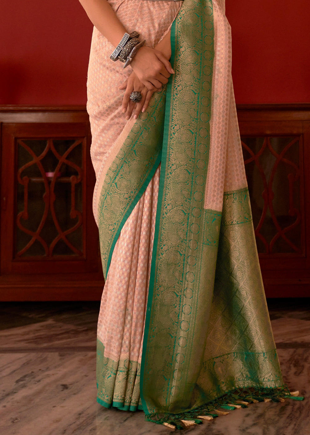 PALE PINK WOVEN KHADDI GEORGETTE BANARASI SAREE WITH