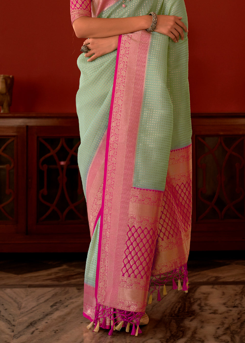 MINT GREEN WOVEN KHADDI GEORGETTE BANARASI SAREE WITH