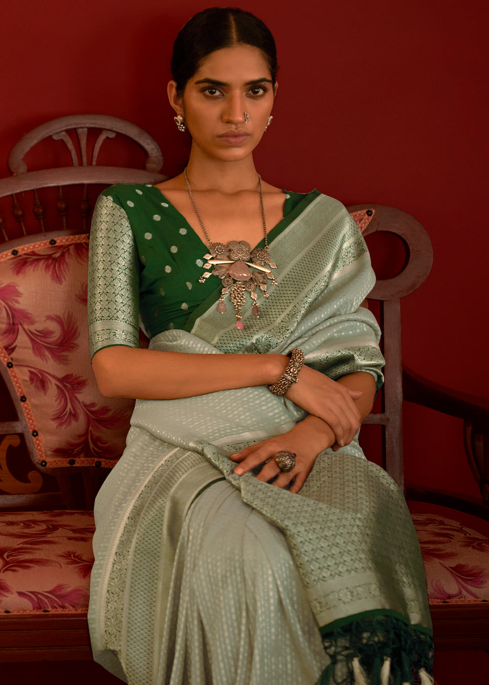 SAGE GREEN WOVEN KHADDI GEORGETTE BANARASI SAREE WITH