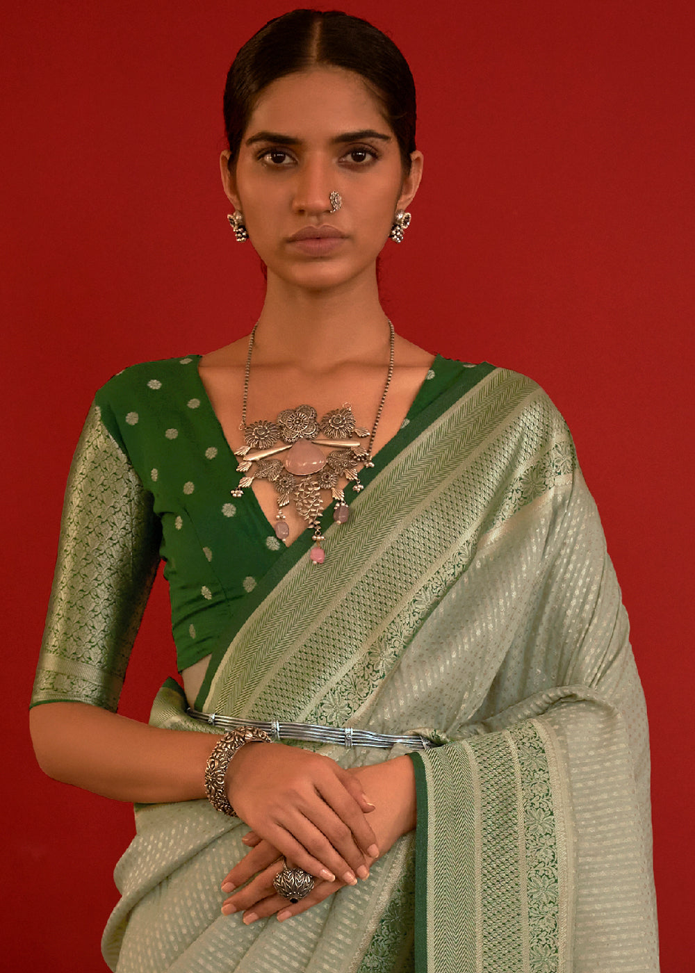 SAGE GREEN WOVEN KHADDI GEORGETTE BANARASI SAREE WITH