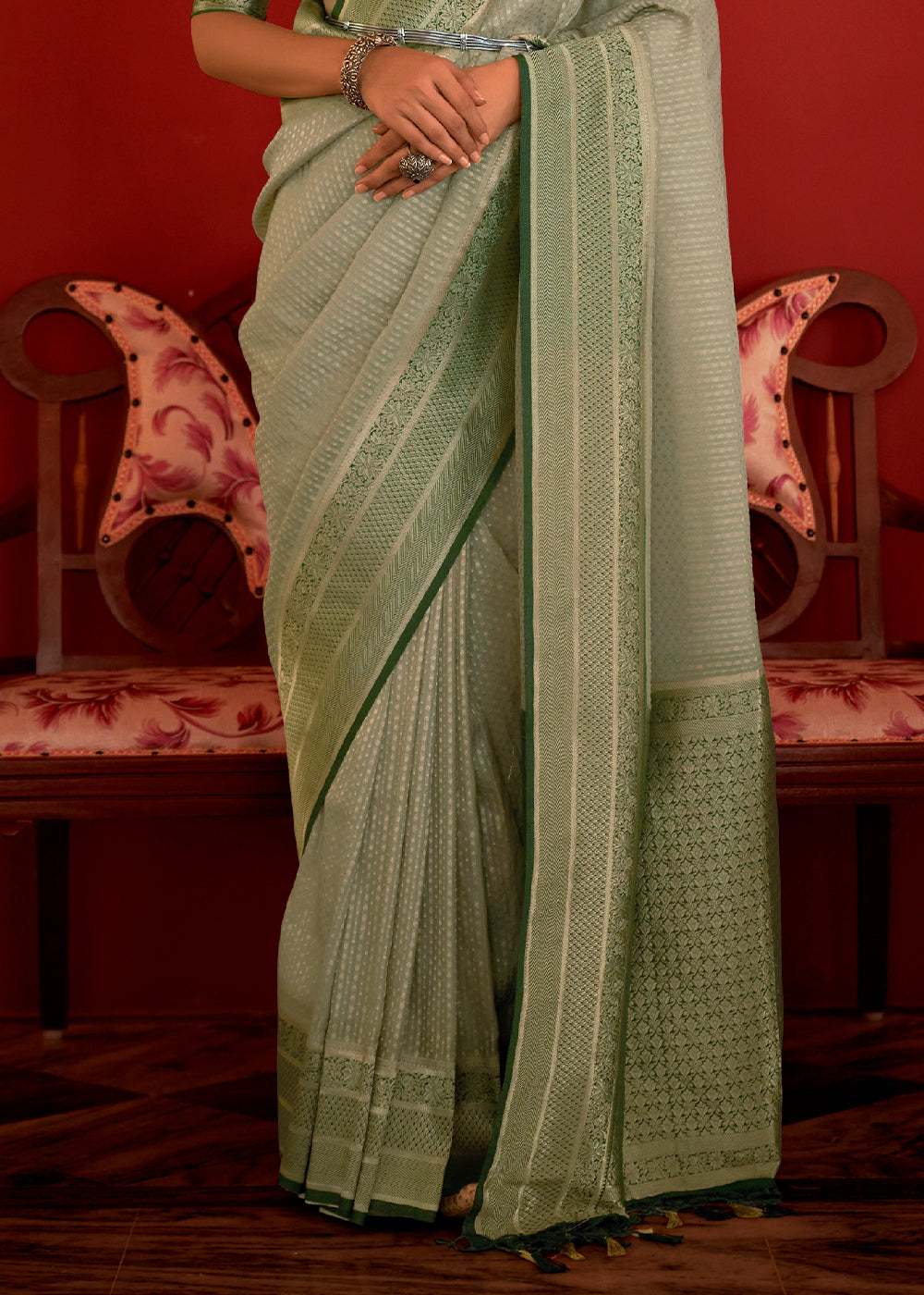 SAGE GREEN WOVEN KHADDI GEORGETTE BANARASI SAREE WITH