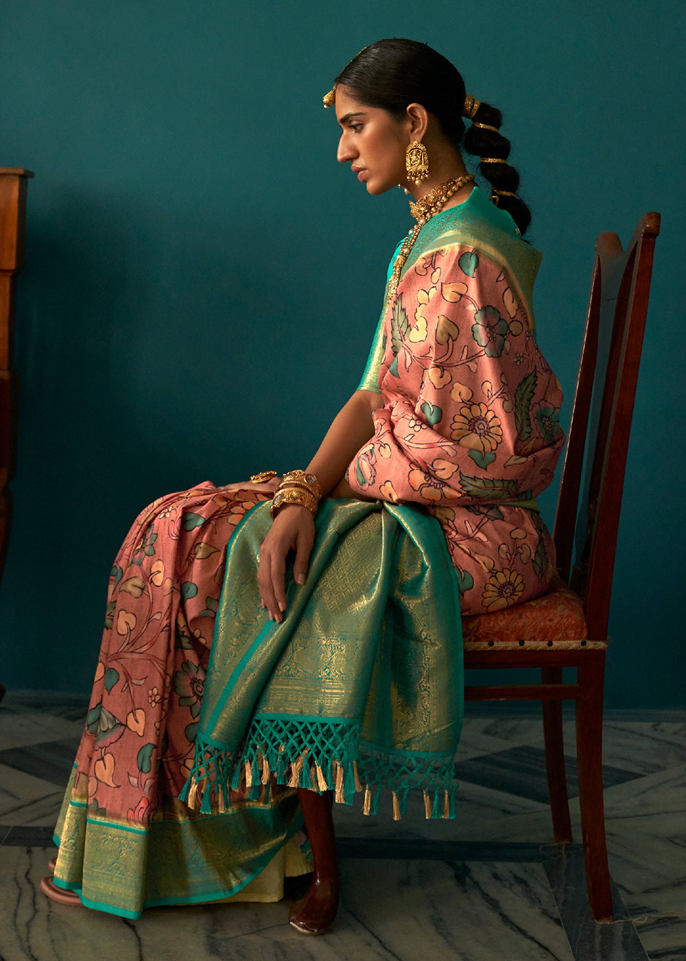 COPPER BROWN WOVEN KALAMKARI BANARASI SILK SAREE WITH BROCADE BLOUSE