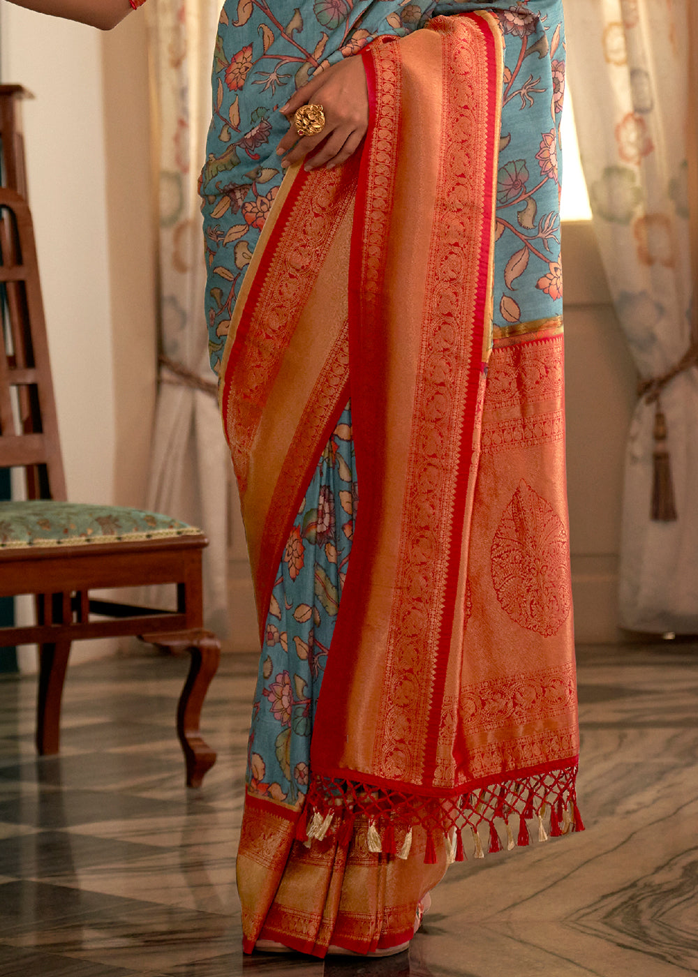 SKY BLUE WOVEN KALAMKARI BANARASI SILK SAREE WITH BROCADE BLOUSE