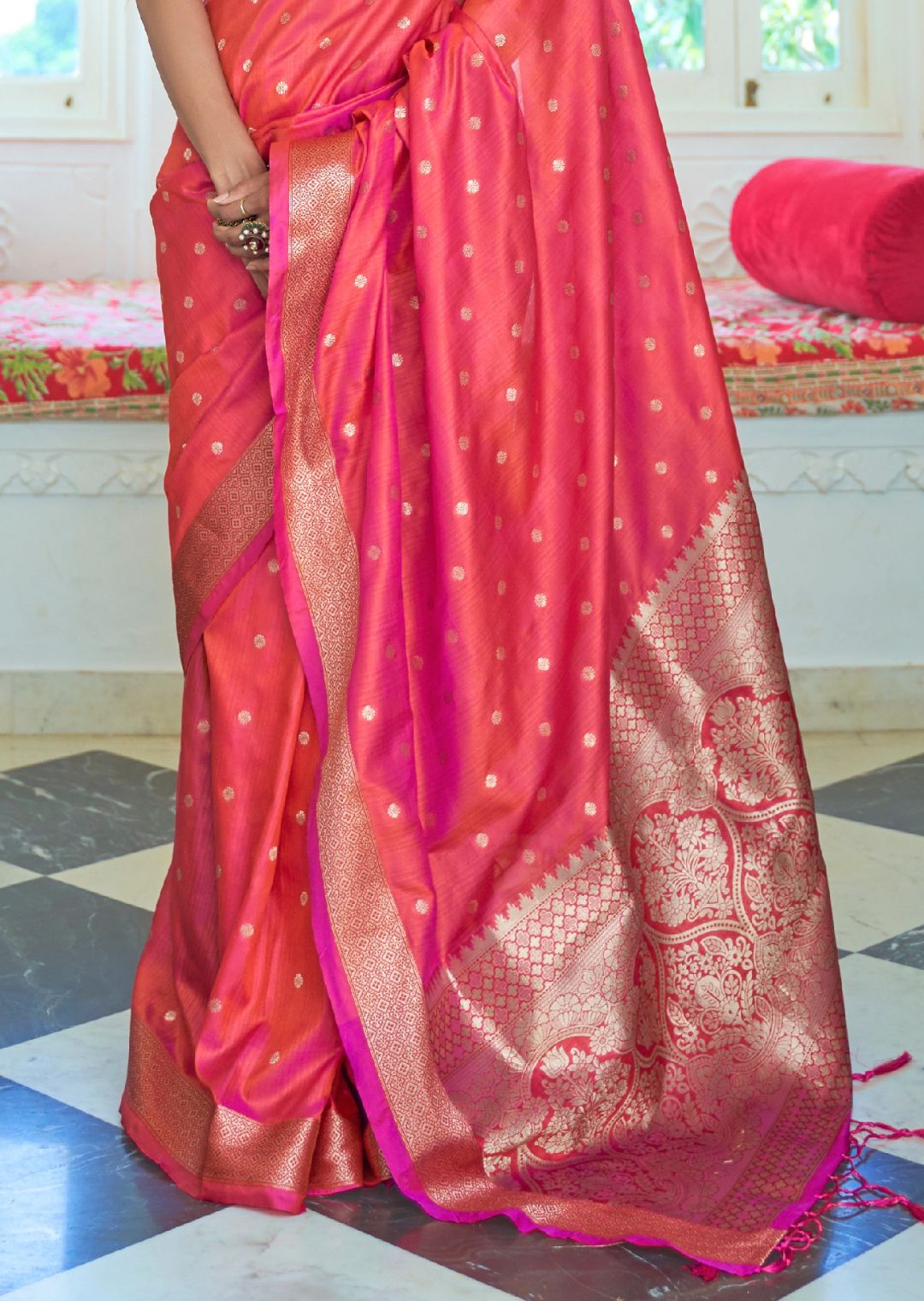 Cerise Pink Woven Banarasi Silk Saree