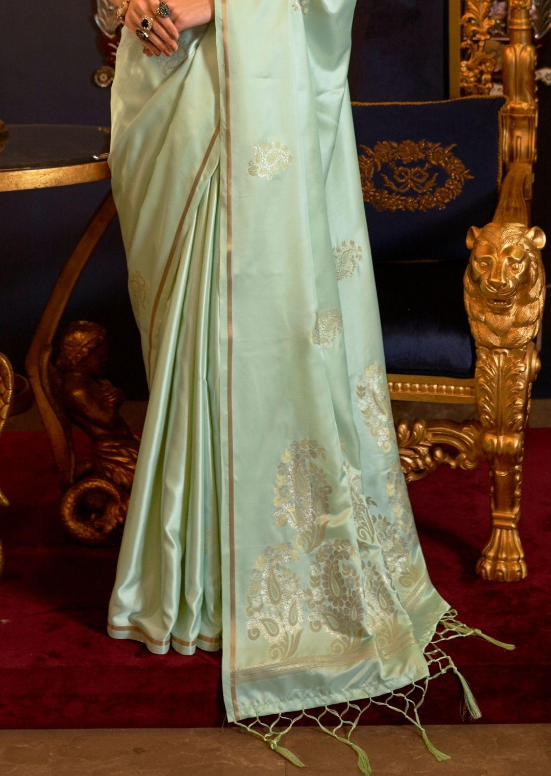 Mint Green Woven Pure Satin Silk Saree