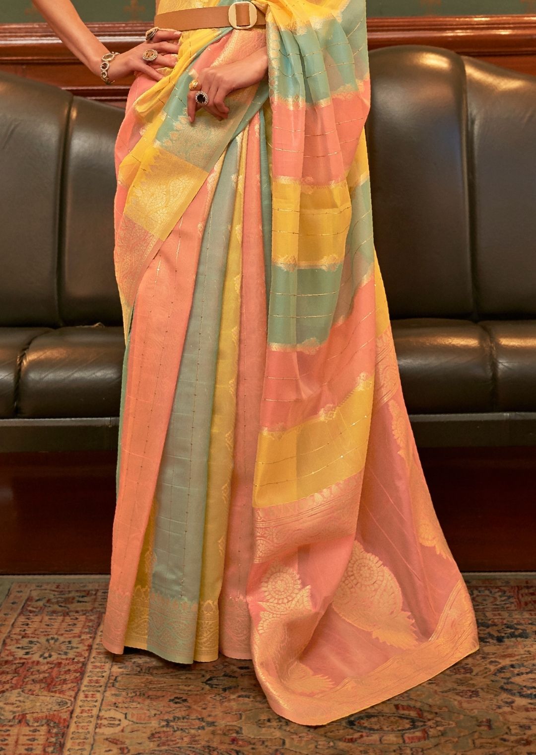 Salmon Pink & Yellow Zari Woven Pure Handloom Organza Silk Saree With Sequins Work