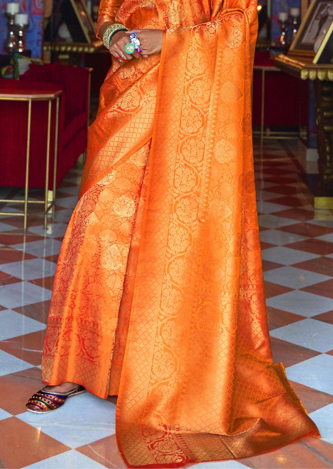 Rust Orange Hand Woven Kanjivaram Silk Saree