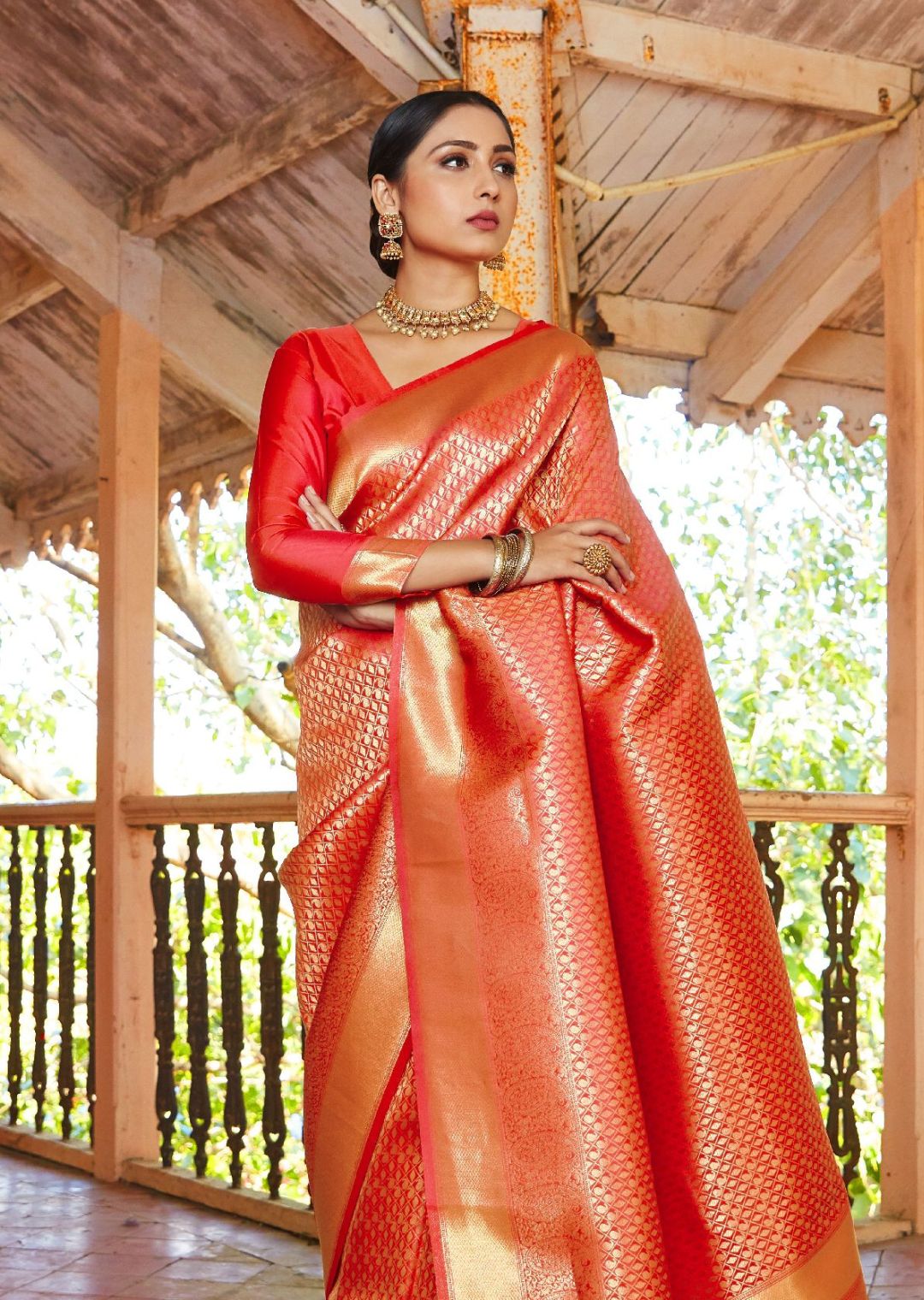 Scarlet Red Hand Woven Kanjivaram Silk Saree