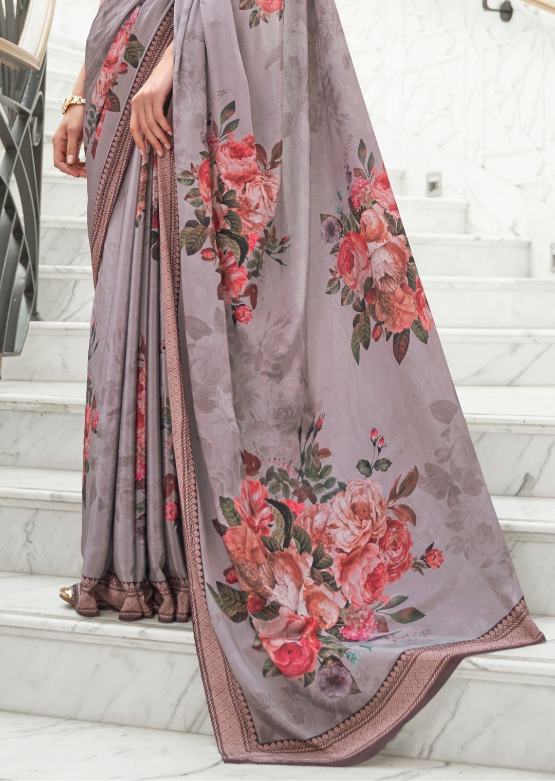 Mauve Gray Kalamkari Printed Pure Crepe Silk Saree