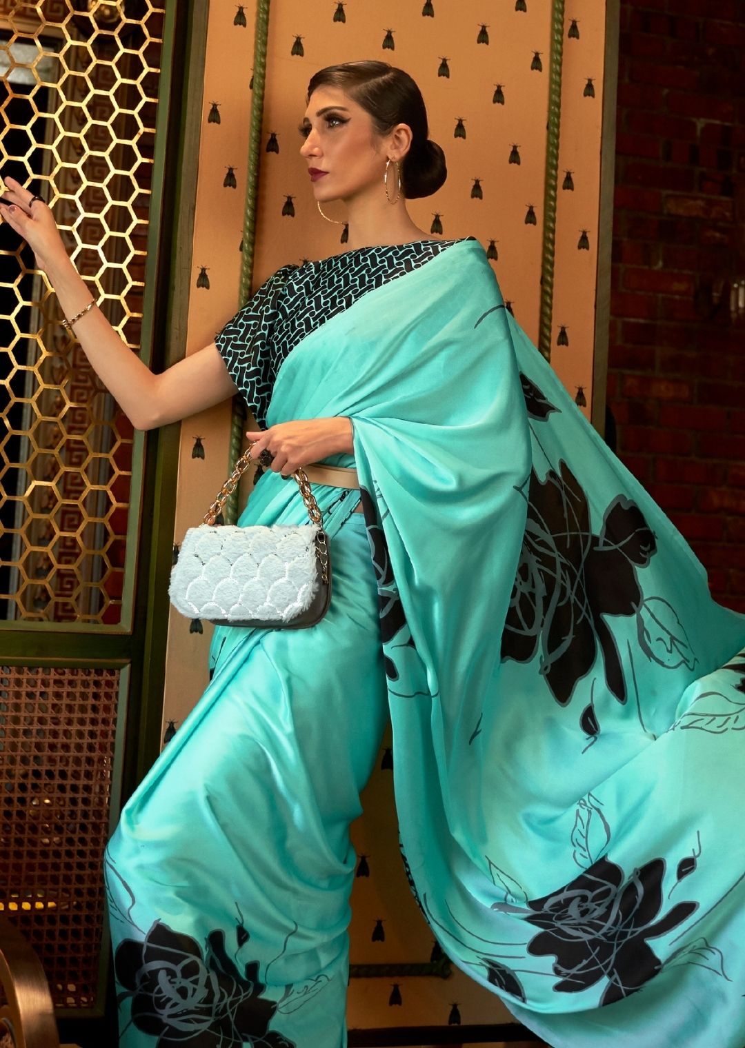 Turquoise Green Digital Printed Satin Crepe Silk Saree