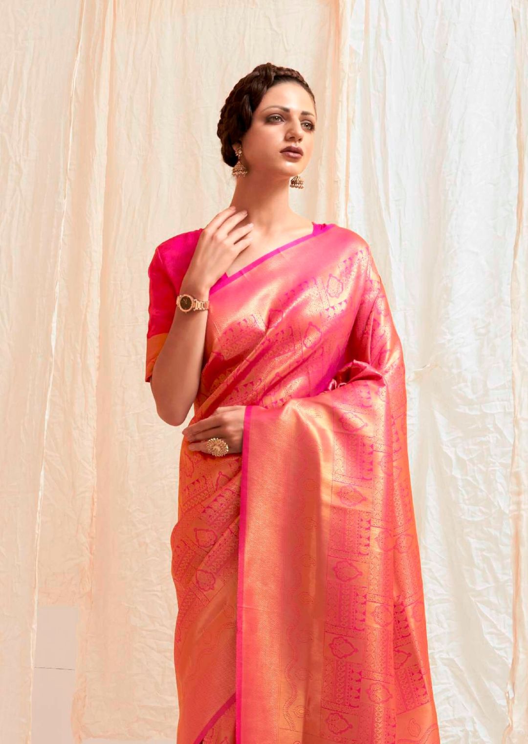 Hot Pink Hand Woven Kanjivaram Silk Saree