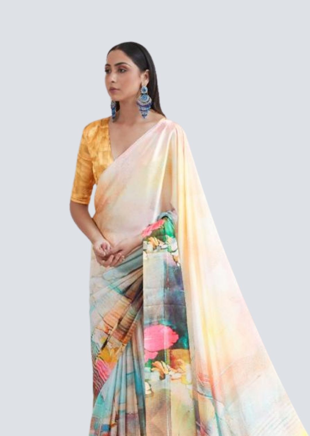 Yellow Digital Printed Satin Crepe Saree