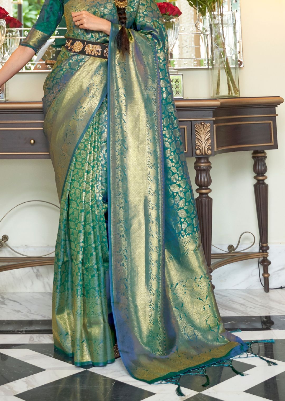 Teal Green Hand Woven Kanjivaram Silk Saree