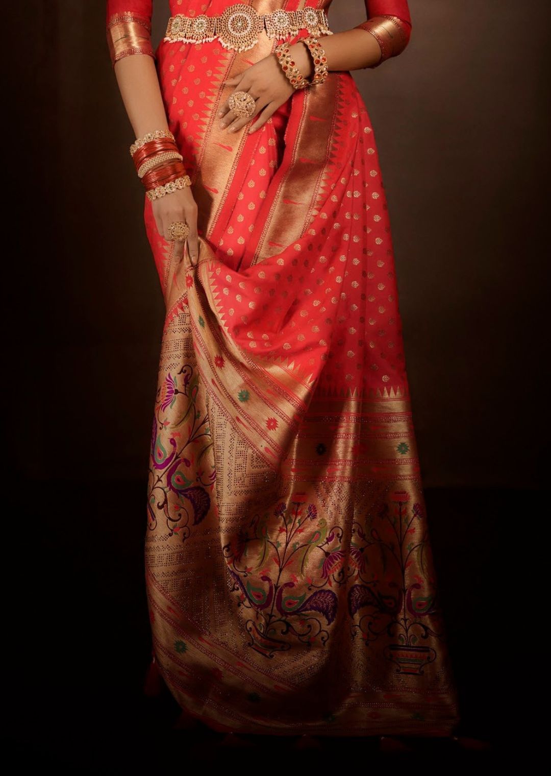 Coral Red Zari Woven Traditional Peshwai Paithani Silk Saree With Swarovski Work