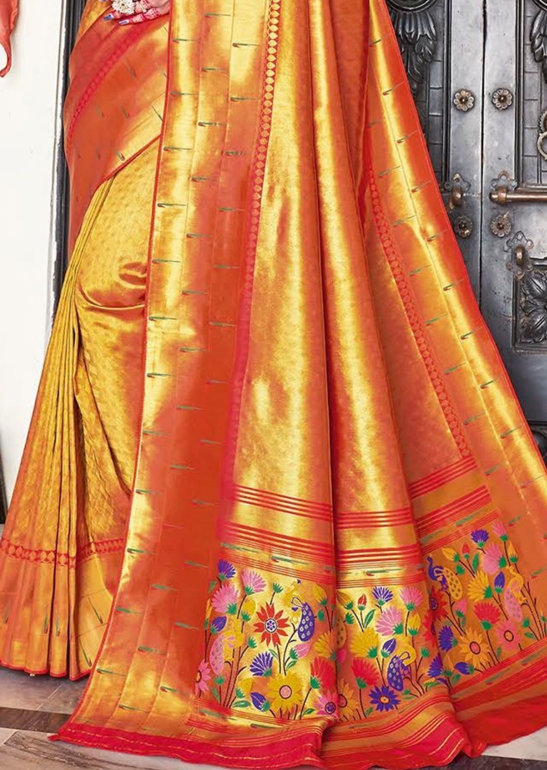 Golden Red Woven Pure Kanjivaram Traditional Paithani Silk Saree