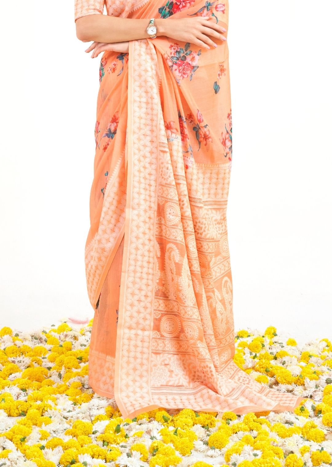 Light Peach Orange Hand Woven Lucknowi Cotton Saree