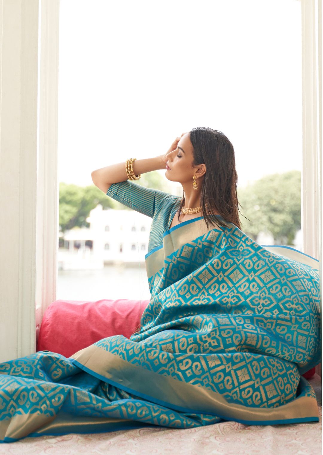 Aqua Blue Woven Banarasi Silk Saree