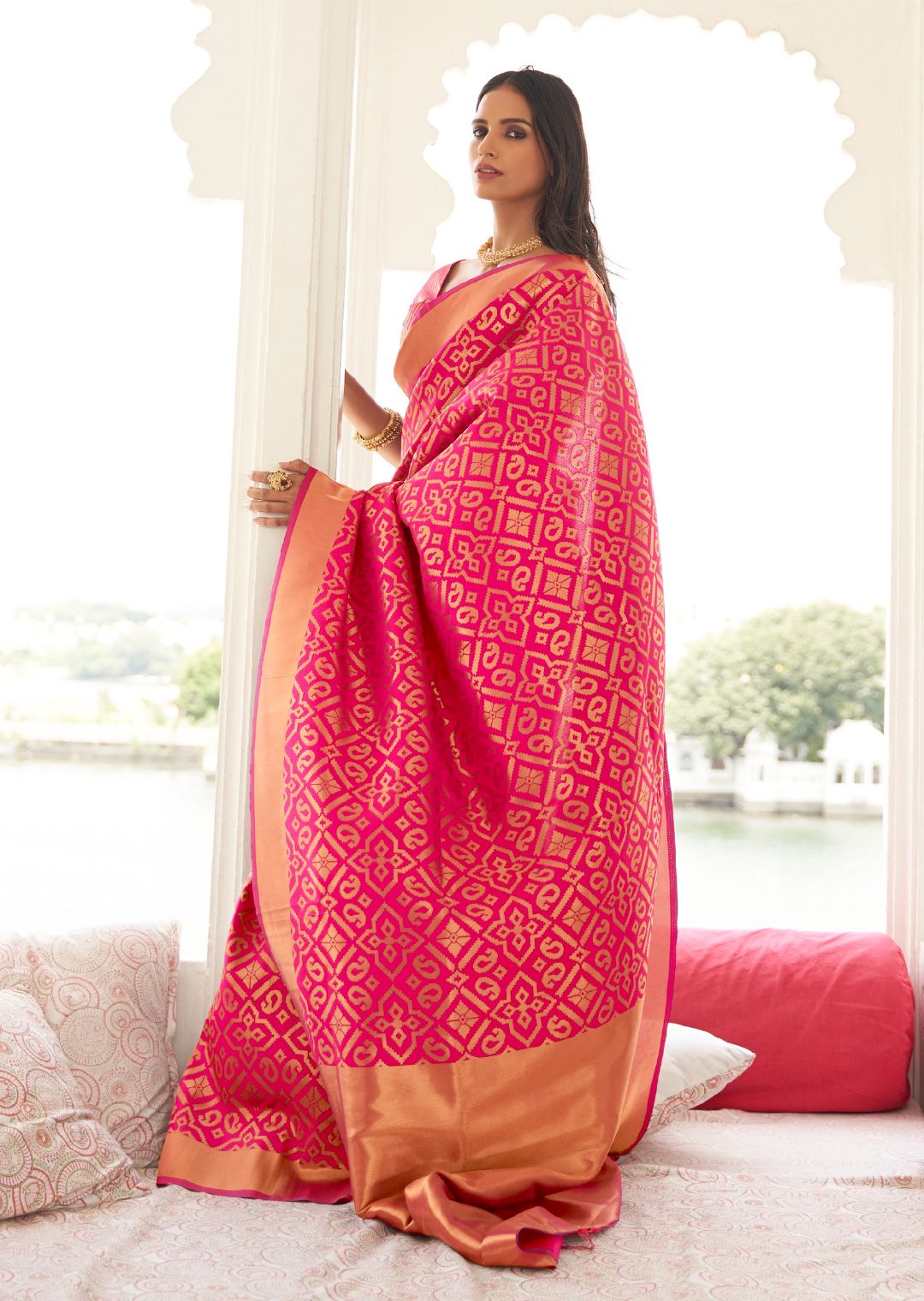 Cerise Pink Woven Banarasi Silk Saree With Green Blouse | Kolour