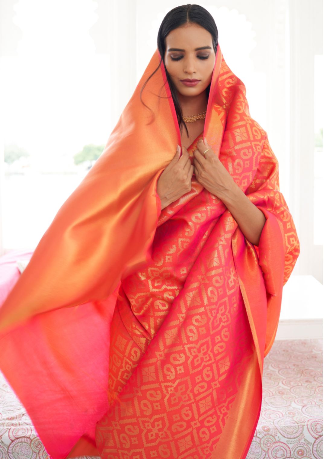 Coral Red Woven Banarasi Silk Saree