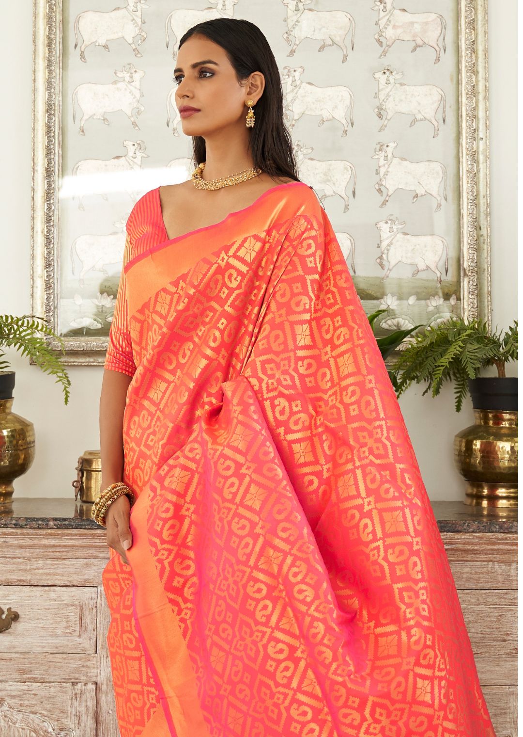 Coral Red Woven Banarasi Silk Saree