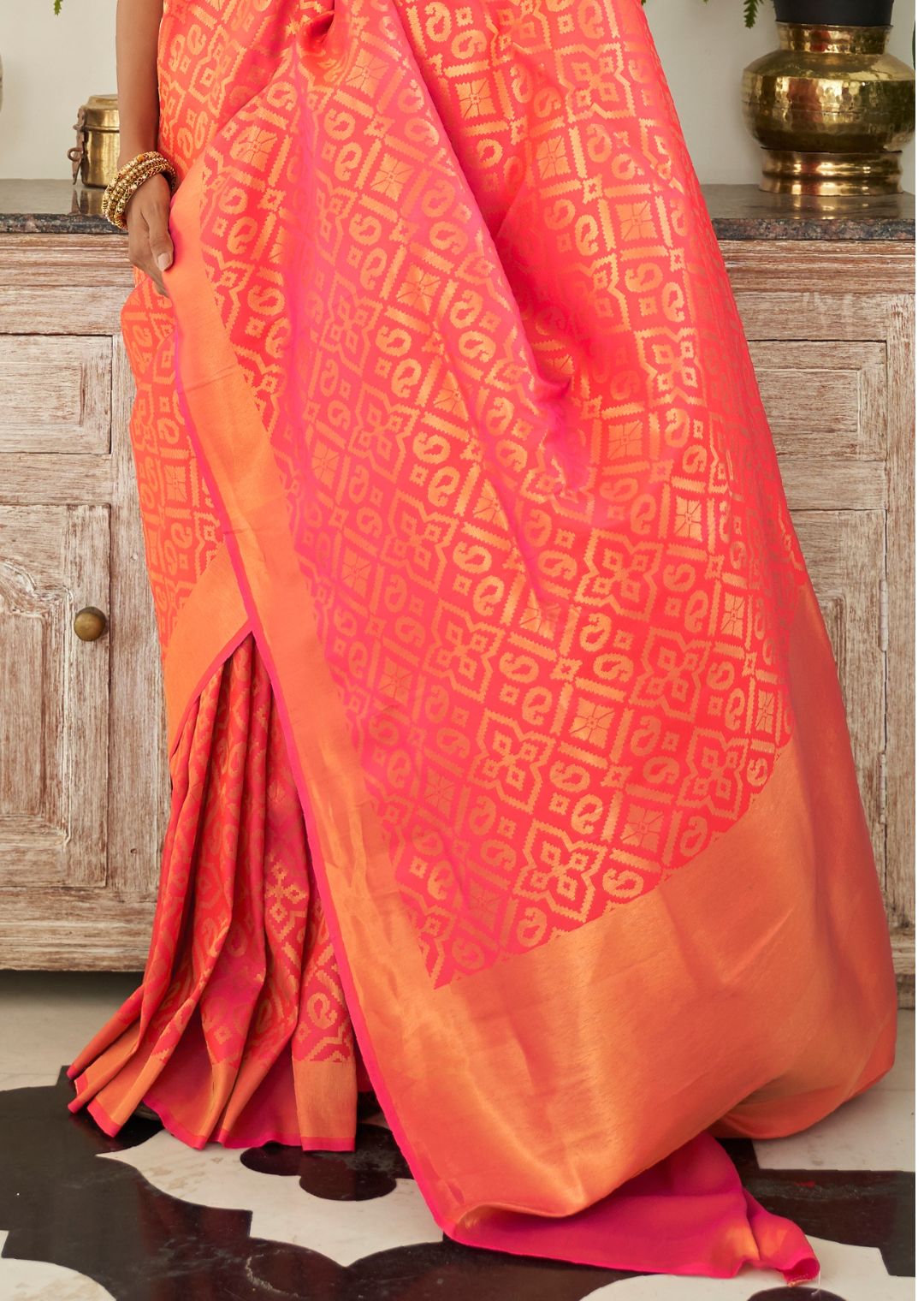 Coral Red Woven Banarasi Silk Saree