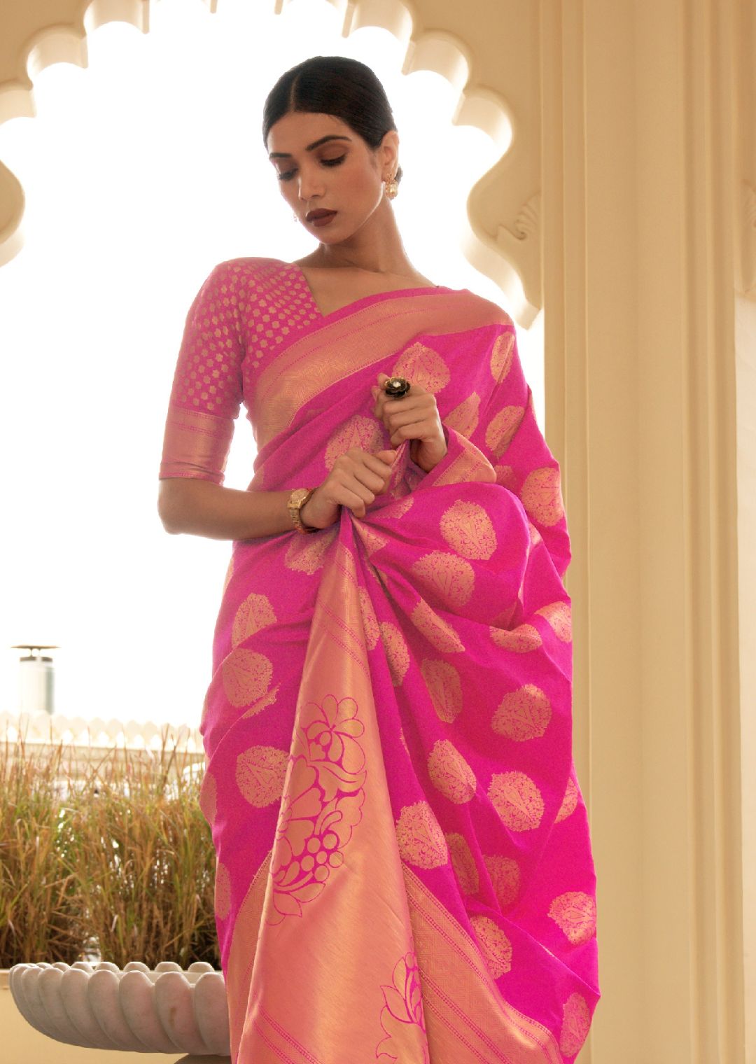 Magenta Pink Zari Woven Banarasi Silk Saree