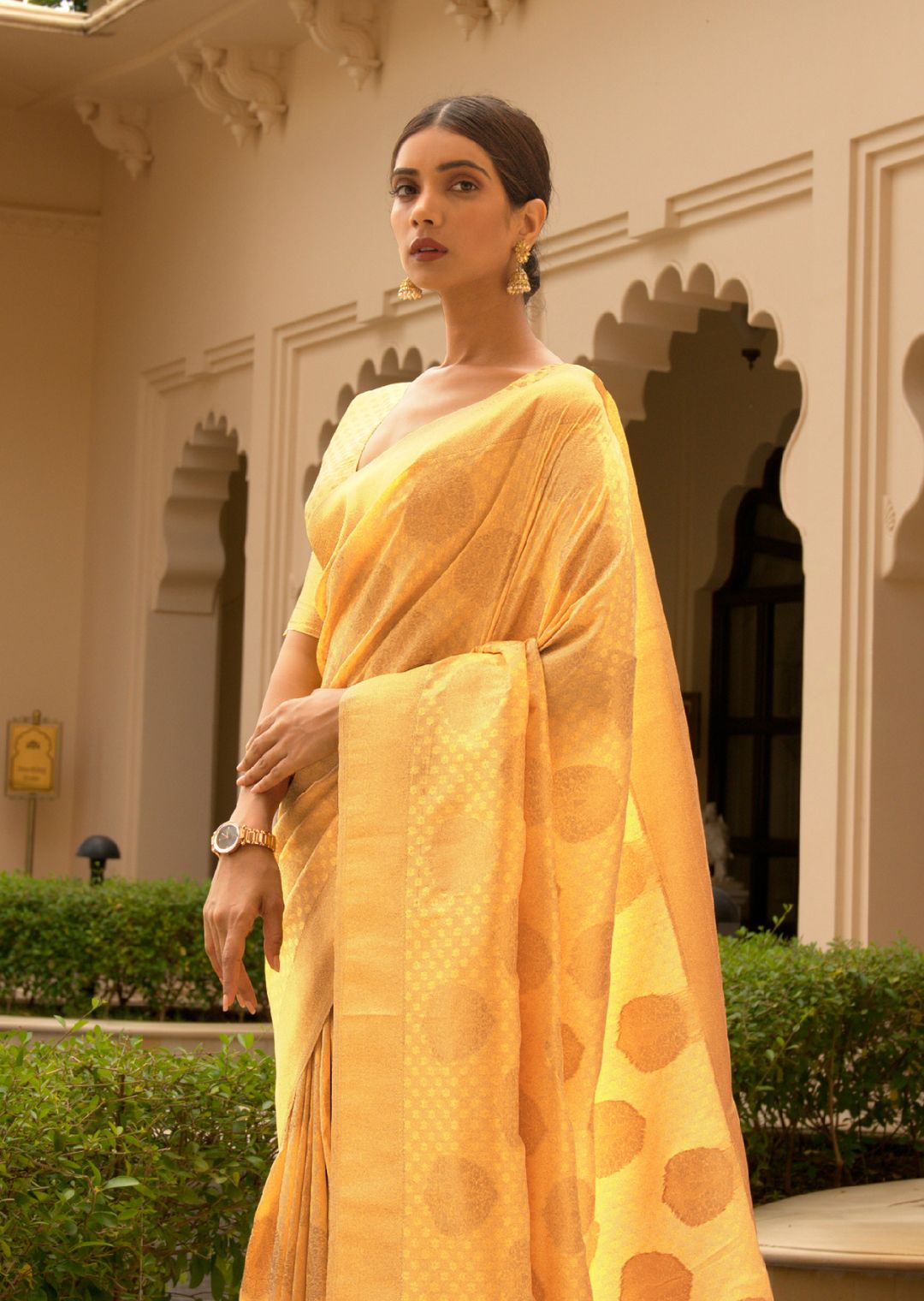 Amber Yellow Zari Woven Banarasi Silk Saree