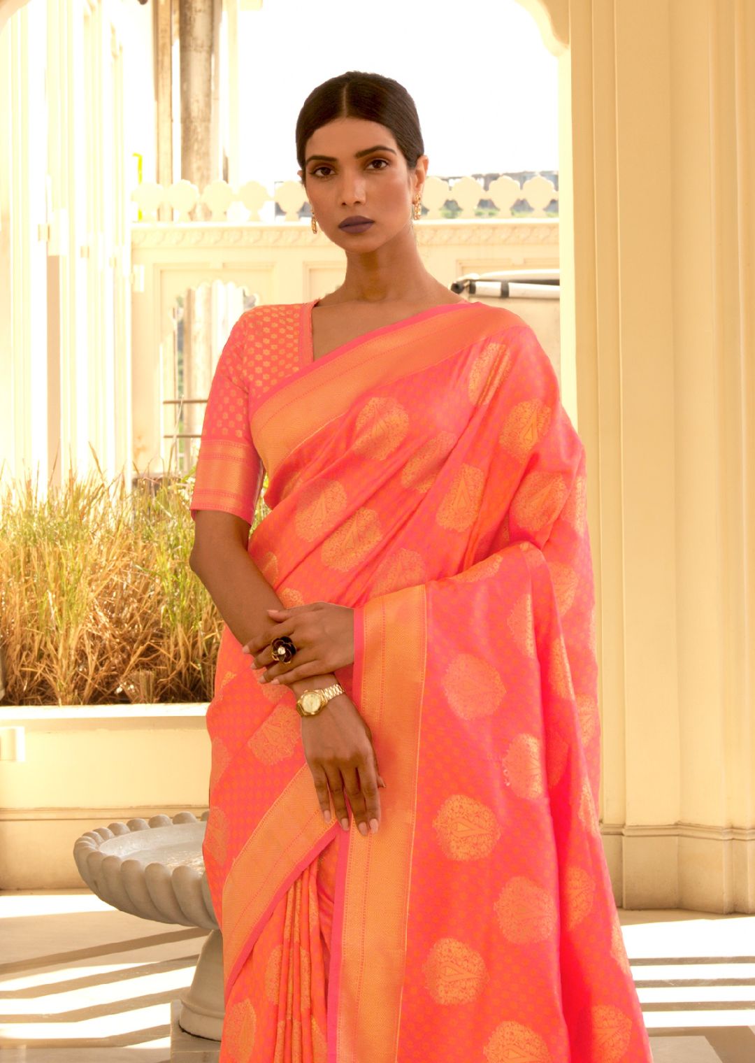 International Orange Zari Woven Banarasi Silk Saree