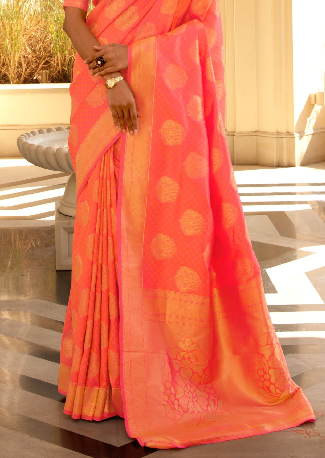 International Orange Zari Woven Banarasi Silk Saree