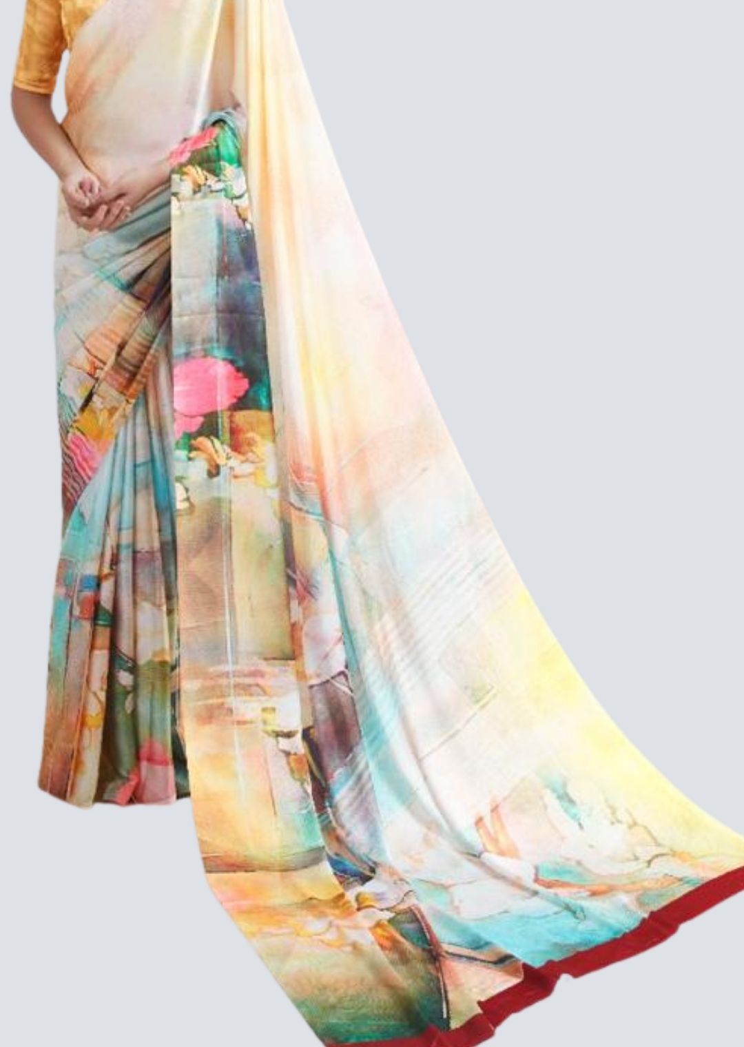 Yellow Digital Printed Satin Crepe Saree