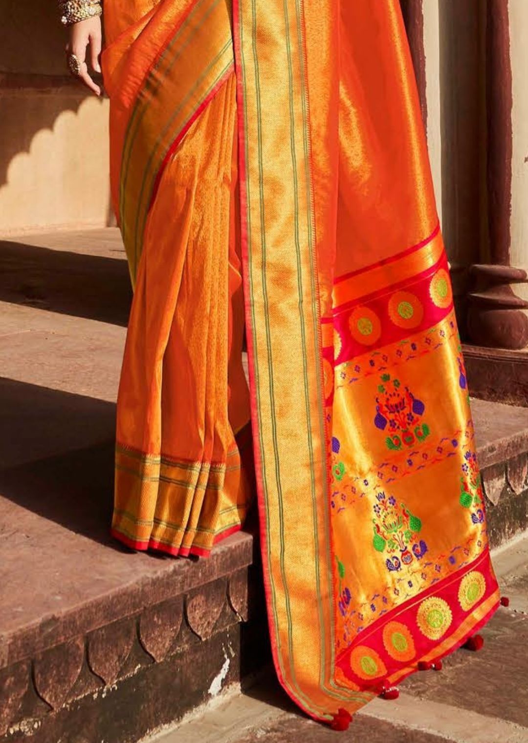 Orange Woven Traditional Tissue Paithani Silk Saree