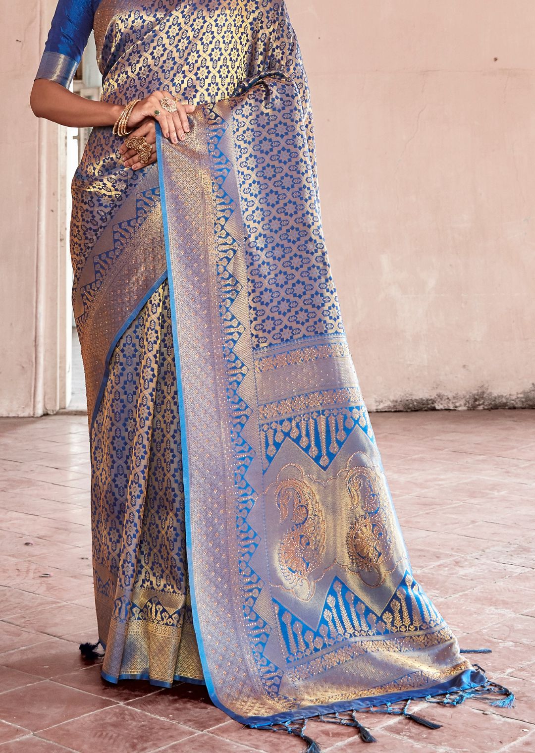 Festive Blue Swaroski Hand Woven Kanjivaram Silk Saree