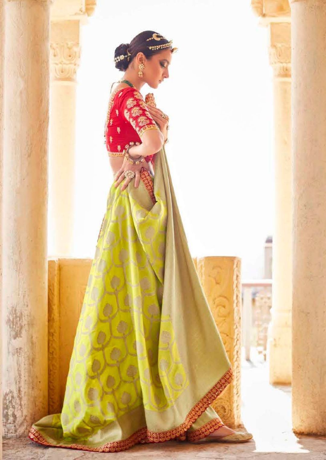 Lime Green Woven Exclusive Designer Banarasi Silk Saree With Embroidered Silk Blouse