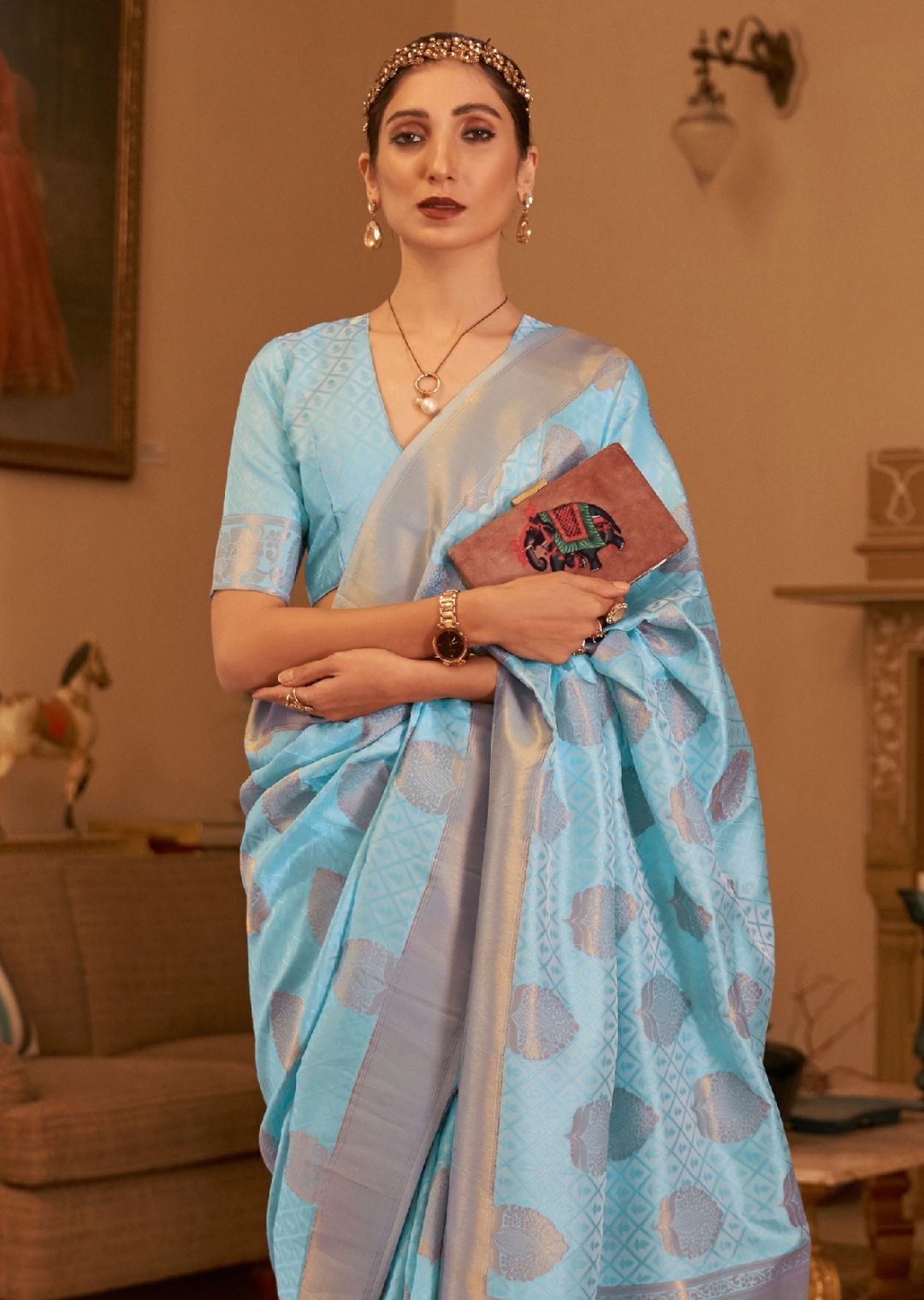 Sky Blue Zari Woven Banarasi Silk Saree