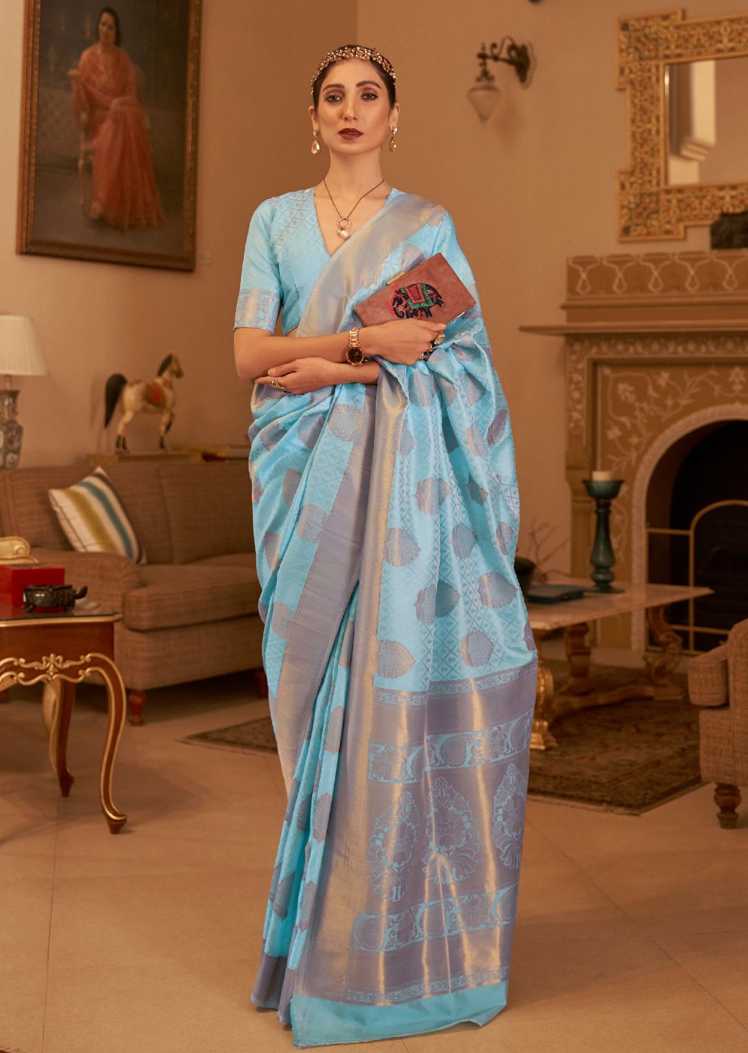 Sky Blue Zari Woven Banarasi Silk Saree