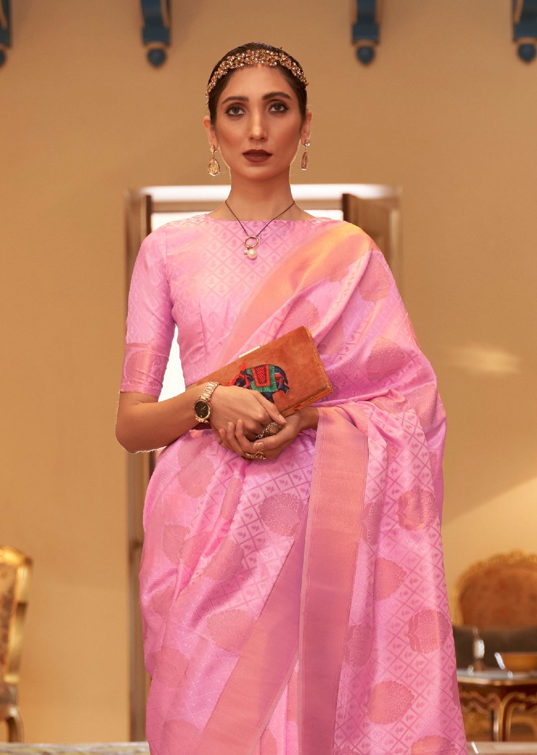 Carnation Pink Zari Woven Banarasi Silk Saree