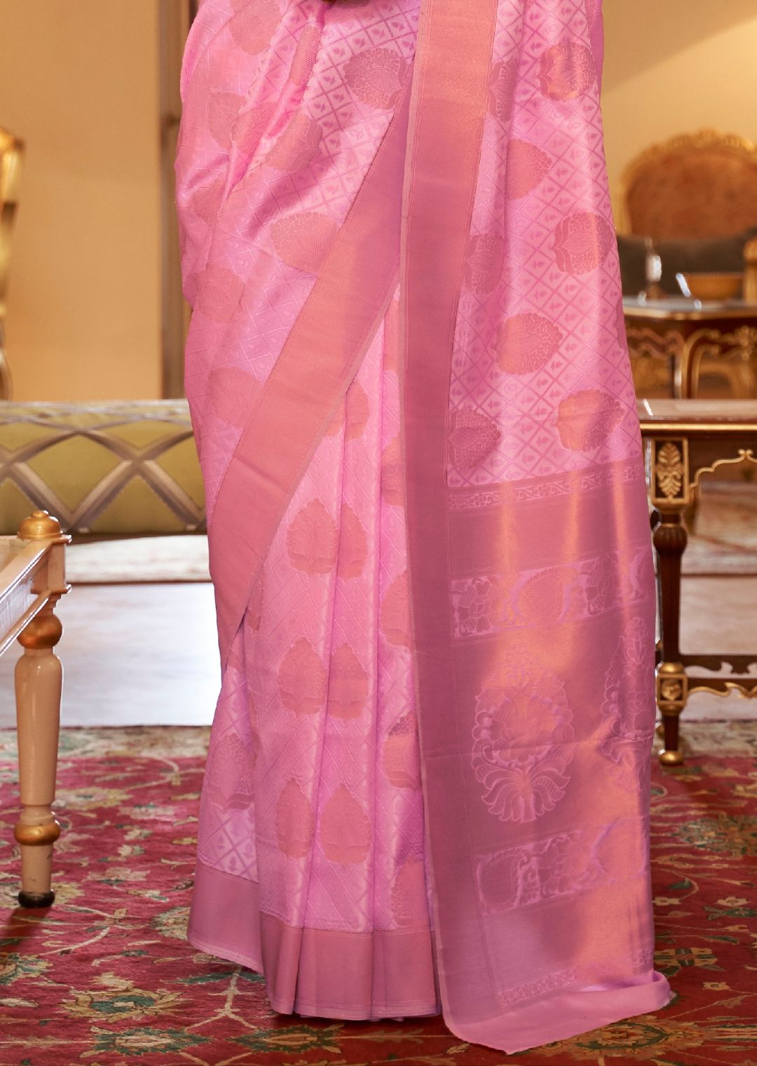 Carnation Pink Zari Woven Banarasi Silk Saree