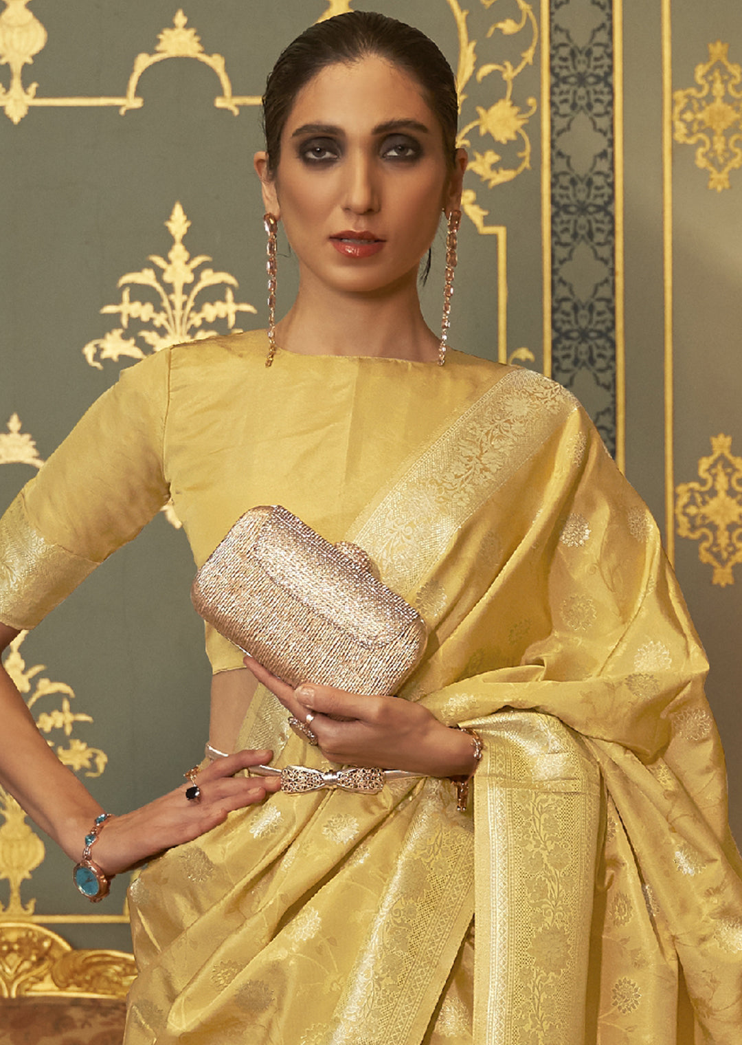 CORN YELLOW ZARI WOVEN BANARASI PURE SATIN SILK SAREE