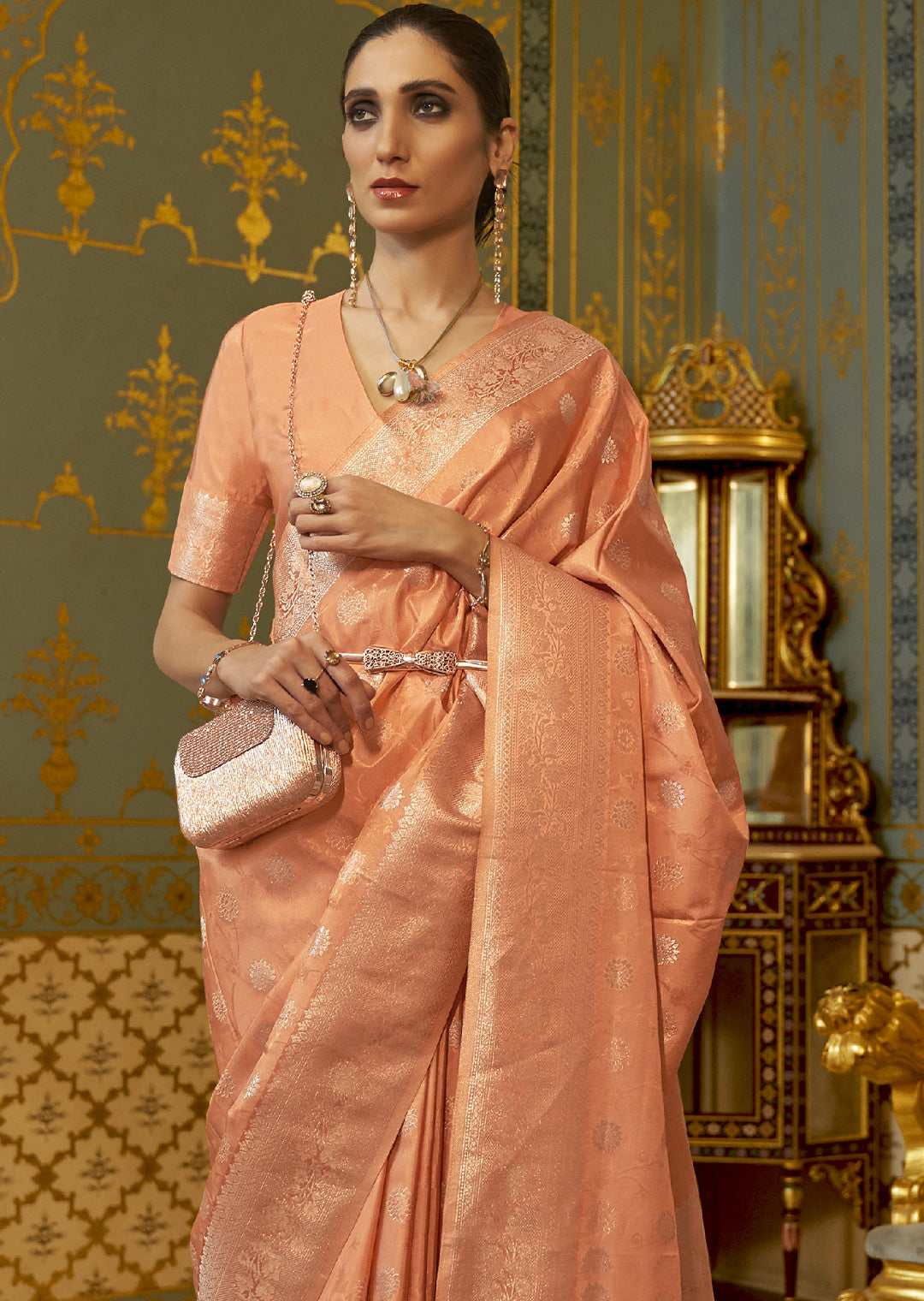 PEACH ORANGE ZARI WOVEN BANARASI PURE SATIN SILK SAREE