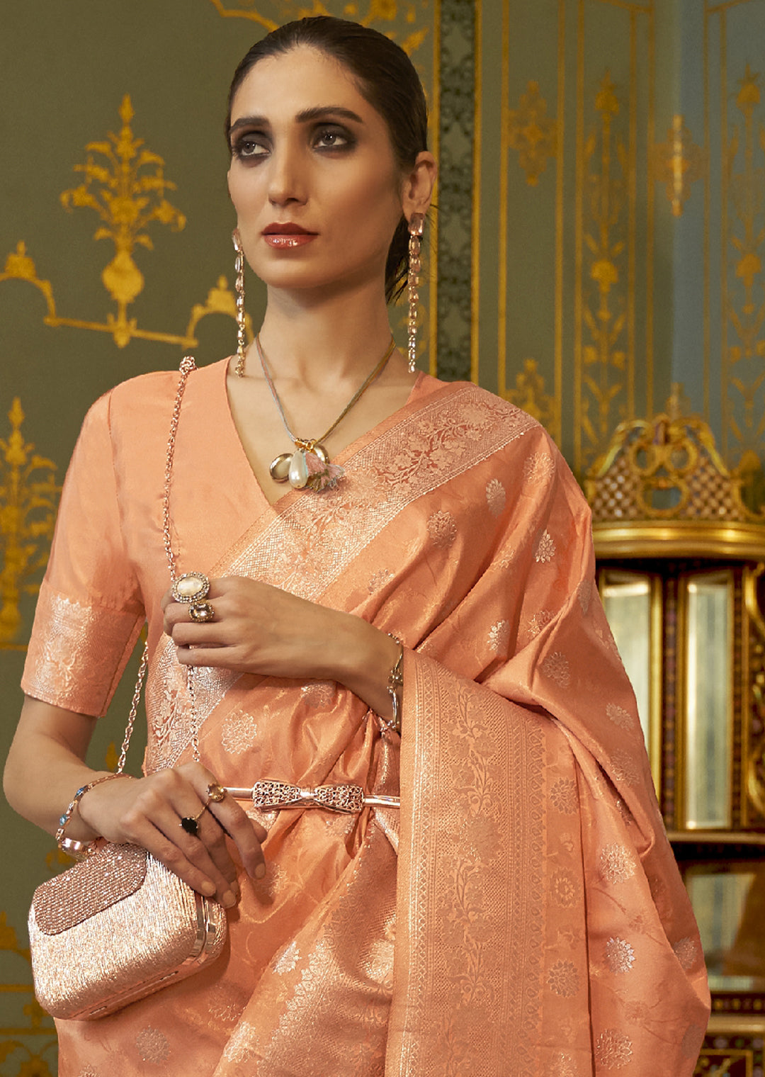 PEACH ORANGE ZARI WOVEN BANARASI PURE SATIN SILK SAREE