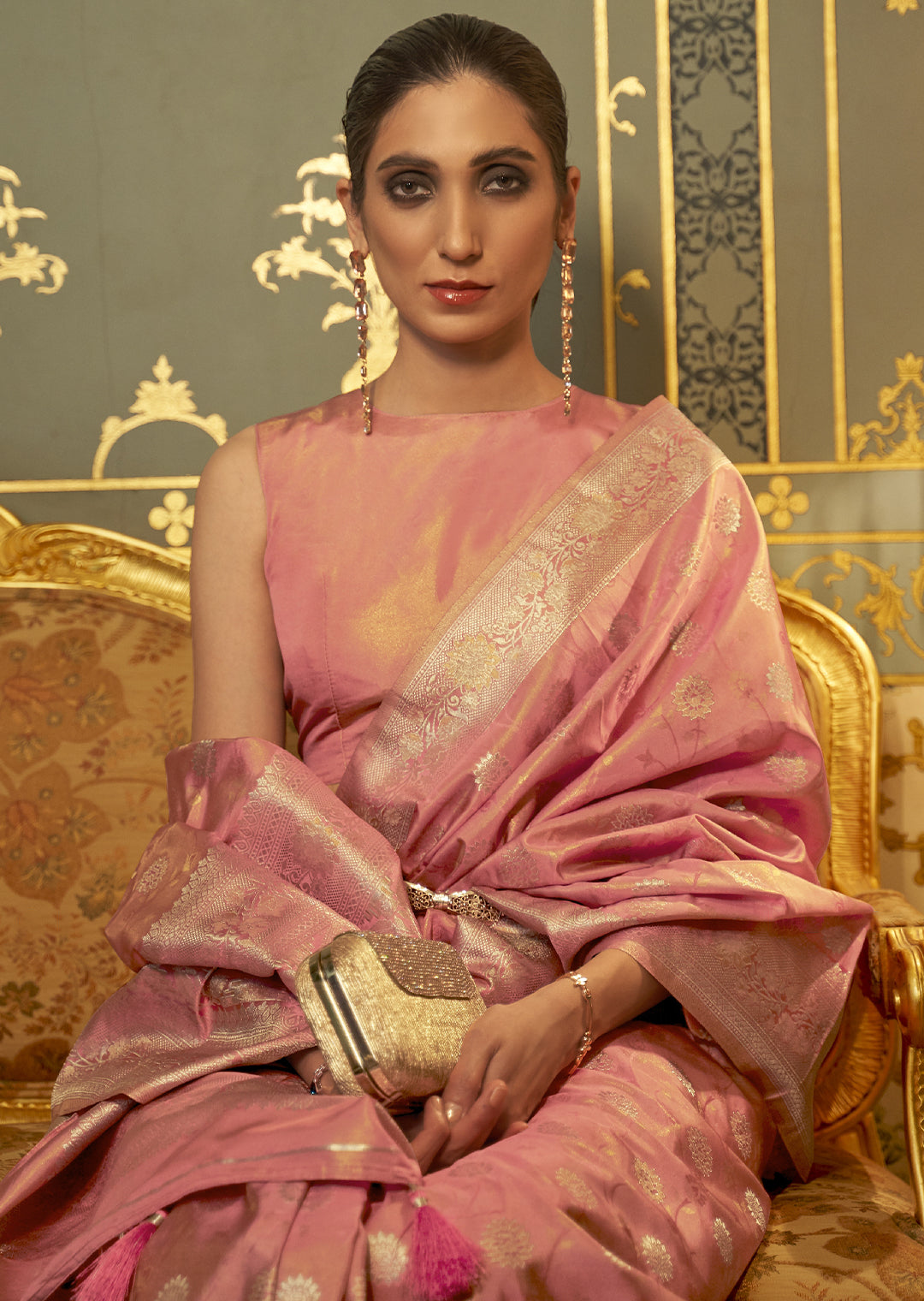 WATERMELON PINK ZARI WOVEN BANARASI PURE SATIN SILK SAREE