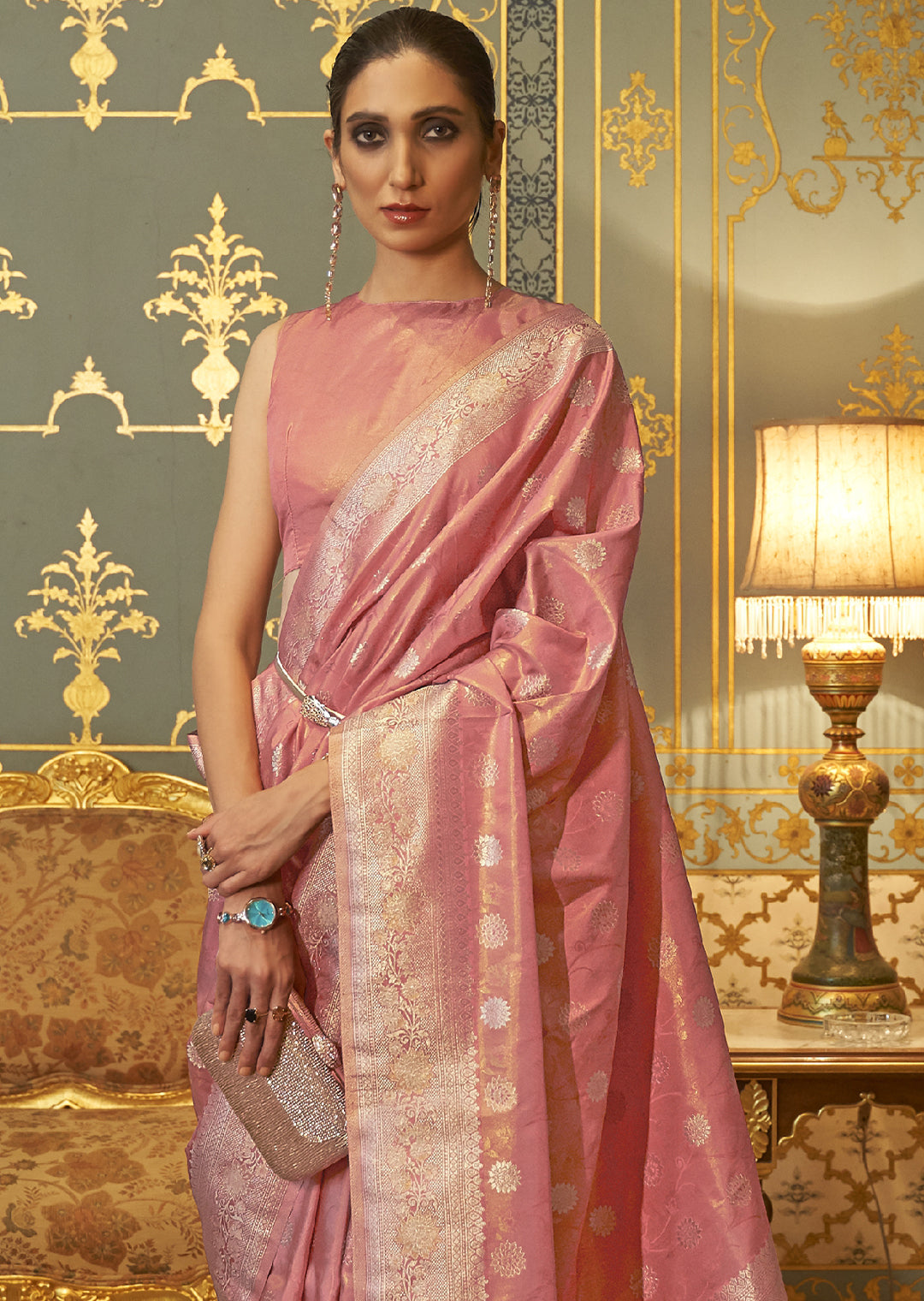 WATERMELON PINK ZARI WOVEN BANARASI PURE SATIN SILK SAREE