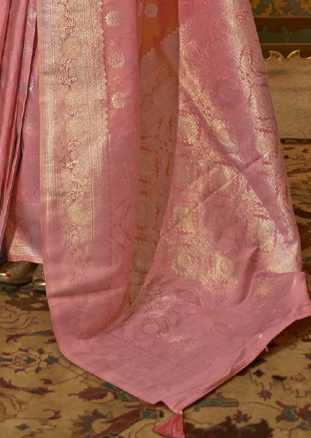 WATERMELON PINK ZARI WOVEN BANARASI PURE SATIN SILK SAREE