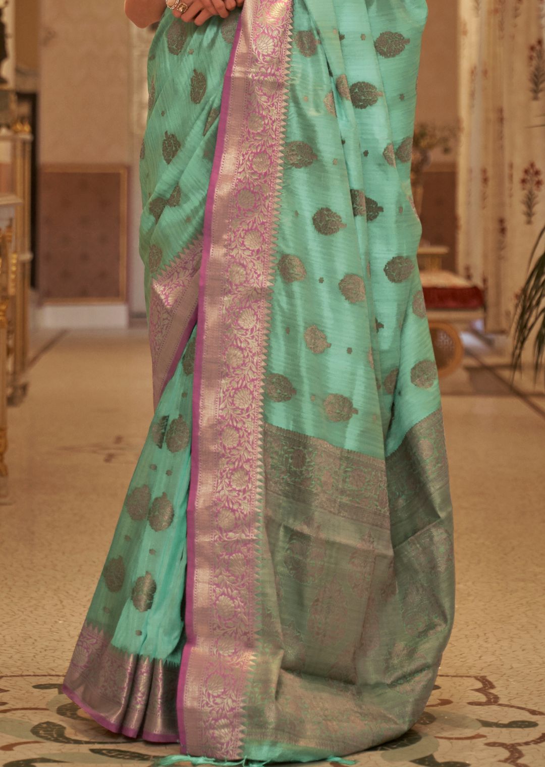 Aqua Marine Green Zari Woven Pure Handloom Banarasi Silk Saree