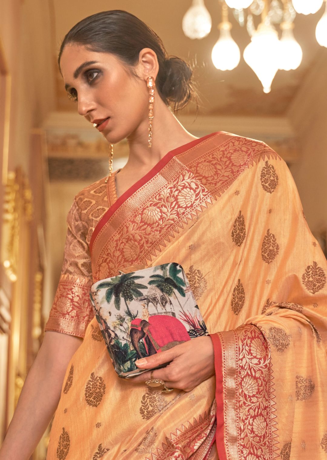 Apricot Orange Zari Woven Pure Handloom Banarasi Silk Saree