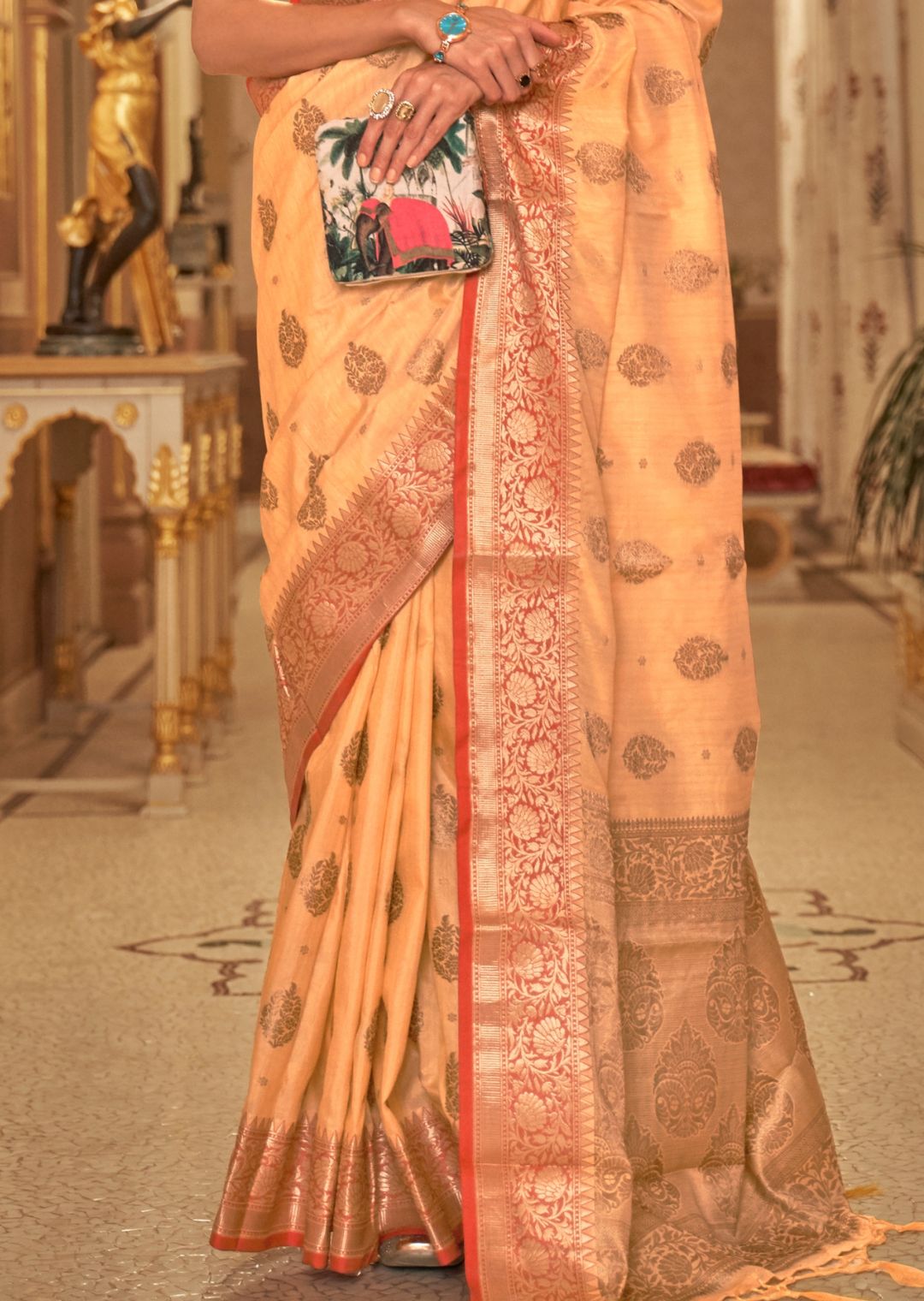 Apricot Orange Zari Woven Pure Handloom Banarasi Silk Saree