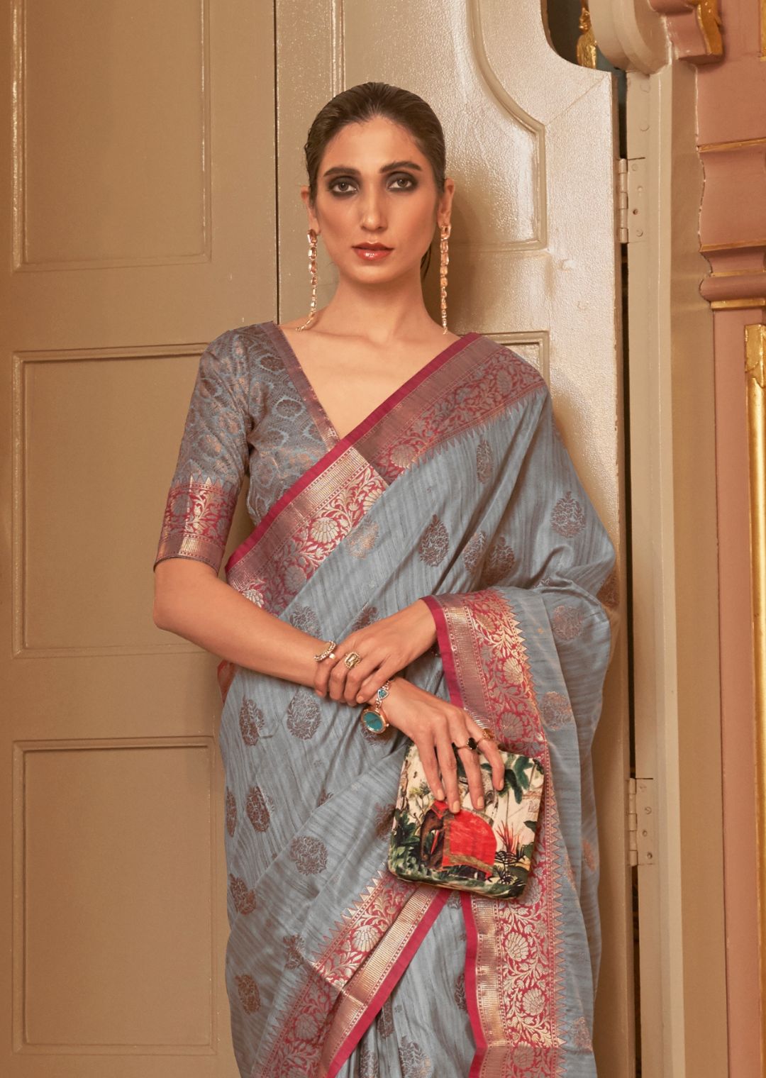 Slate Gray Zari Woven Pure Handloom Banarasi Silk Saree