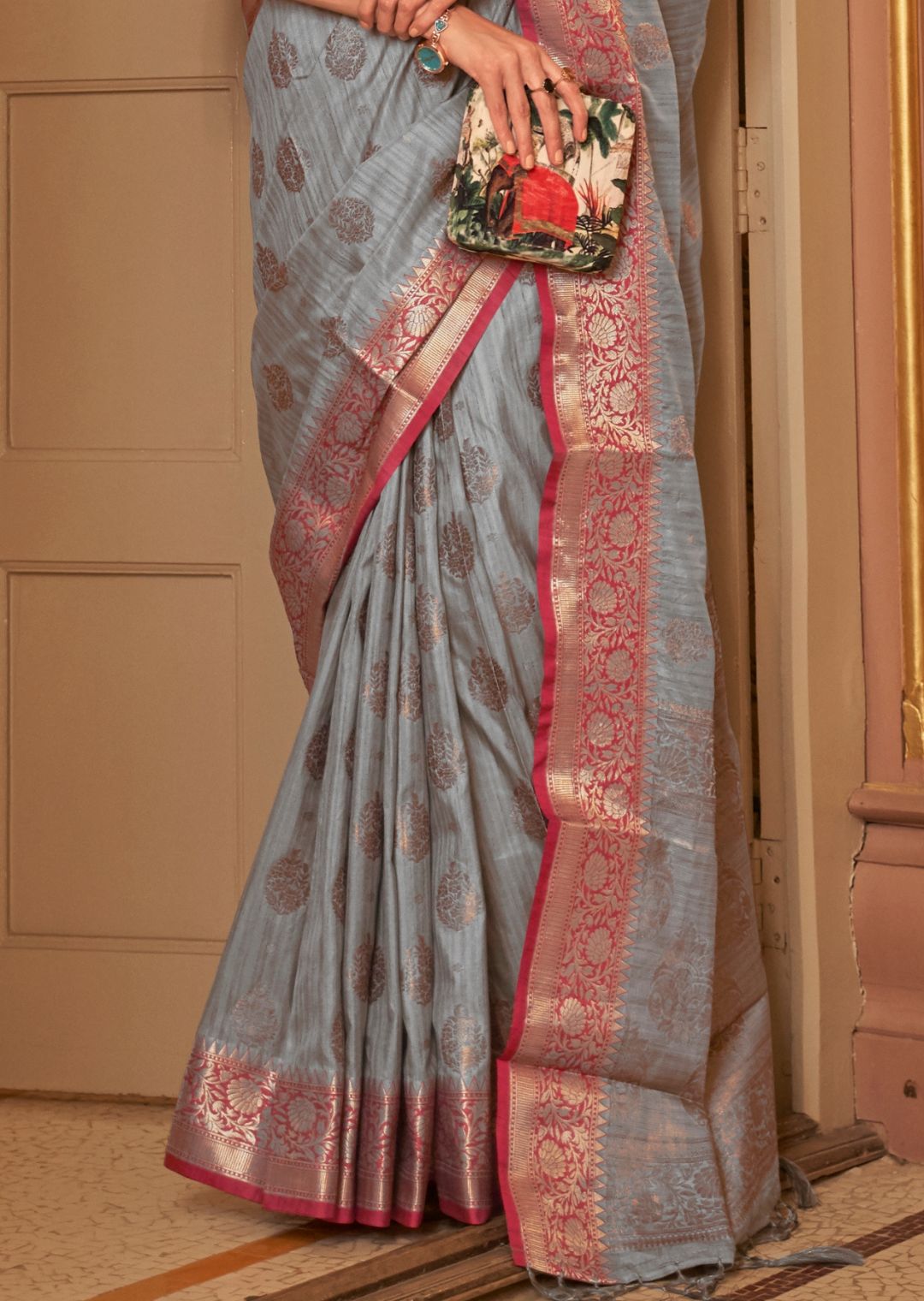 Slate Gray Zari Woven Pure Handloom Banarasi Silk Saree