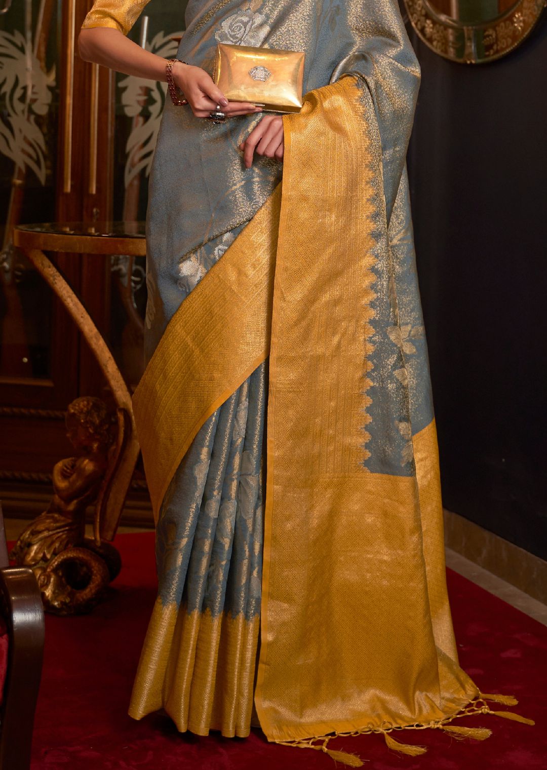 Golden Teal Blue Zari Woven Pure Handloom Banarasi Brocade Silk Saree