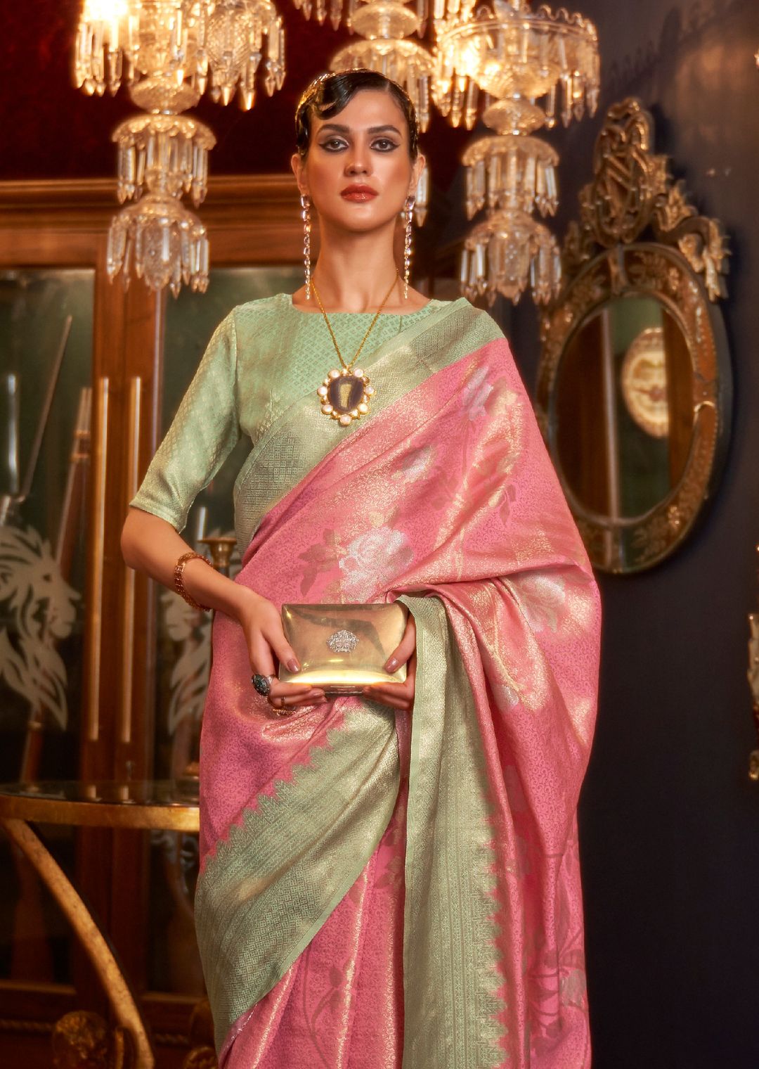 Golden Blossom Pink Zari Woven Pure Handloom Banarasi Brocade Silk Saree